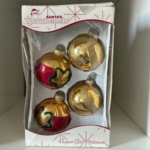 Vintage Christmas Ornaments 4 Balls Red Gold Glitter Glass 2005